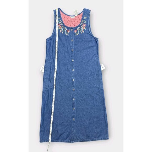 Vintage Womens Dress L Embroidery Floral Denim Maxi Pockets A-Line Retro Teacher - Picture 5 of 8
